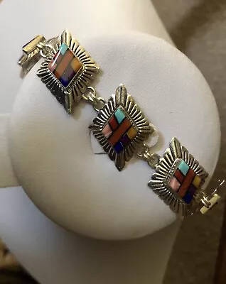 VTG QT Sterling Silver Turquoise Coral Lapis Inlay Concho Link Bracelet 6.5-7.5  • $65