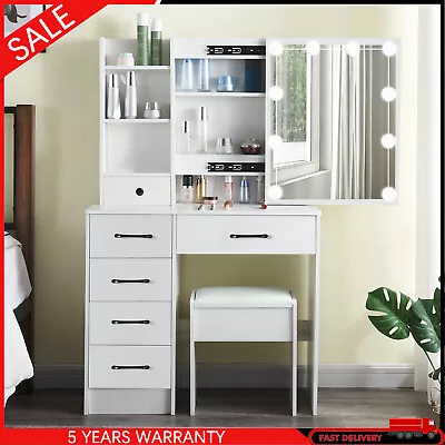 6 Drawers Dressing Table Makeup Vanity LED Lights Set W/ Large Mirror And Stool • £131.75