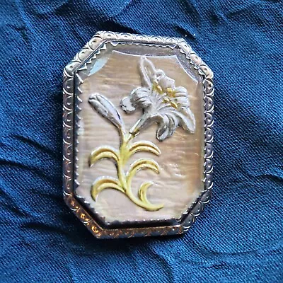 Vintage Mother Of Pearl Lily Floral Brooch Pin Reverse Carved Glass • $25