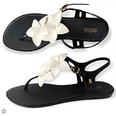 Melissa Black Solar Hawaii Jelly Thong Sandals Size 9 White Flower Beach Pool • $45