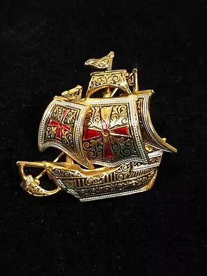 Vintage Spain Damascene Maltese Cross Ship Sailing Gold Tone Pin Galleon Pirate • $9.09