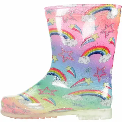 £10.99 • Buy Girls Rainbow Multi Glitter Wellies Wellington Rain Snow Boots Kids Uk Size 6-8