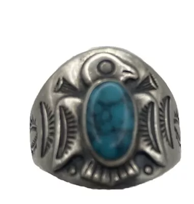 VTG  Native American Thunderbird Sterling Silver Ring W/Turquoise/Engrave/signed • $229