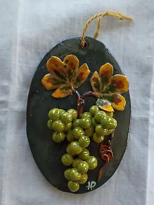 Vintage Handmade & Signed French Artisan Pottery Medalion With Applied Grapes • $25