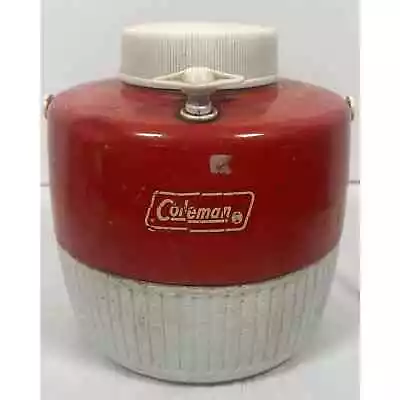 Vintage Coleman 1 Gallon Red White Water Cooler Jug Dispenser W Cup Lid Made USA • $18.95