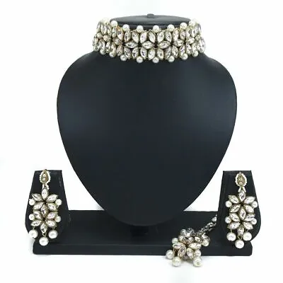 $11.44 • Buy Indian Bollywood Ethnic Golden Kundan Choker Necklace Earrings Tikka Jewelry Set