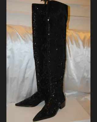 38/8❤️MAISON MARGIELA BLACK Sequin Stretch OVER KNEE Thigh High BOOTS ITALY OTK • $175.75