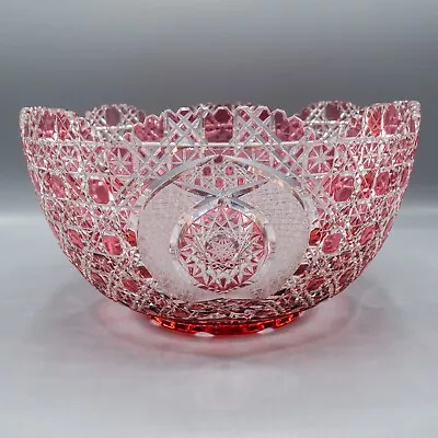 Bohemian German Czech Cut To Clear Red Ruby Centerpiece Bowl Star Fancy 11 5/8  • $350