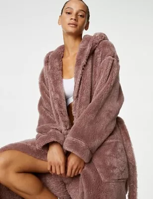 NEW M&S Nutmeg Dusky Pink Supersoft Fleece Hooded Dressing Gown LARGE UK 16-18 • £34.99