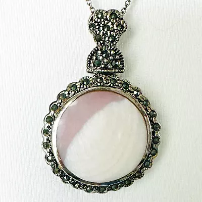 CFJ Sterling Silver Necklace Mother Of Pearl Illusion Pendant Marcasite Accents • $36.99
