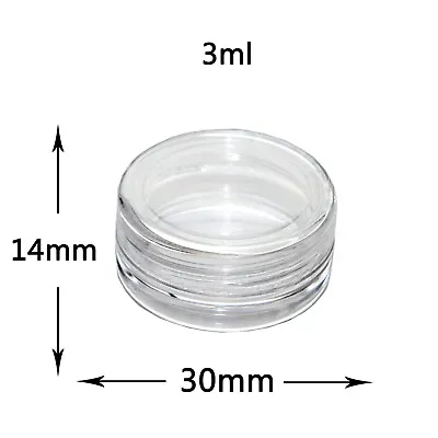 3ml 3gm CLEAR PLASTIC SMALL SAMPLE JARS POT GLITTER CREAM NAIL ART STORAGE Jgc • £3.54