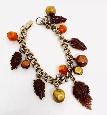 Autumn Marbleized Lucite Beaded Charm Bracelet With Leaves Vintage Jewelry • $42.50