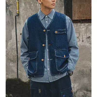 $18.55 • Buy Vintage Denim Vest American Washed Tactical Vest Men Multipocket Cargo Waistcoat