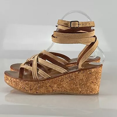 K Jacques St Tropez Platform Wedge Women's Sandals 36 6 Beige Suede Leather Shoe • $55