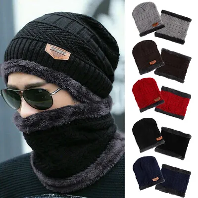 Men Hat And Scarf Snood Set Winter Beanie Hat Set Fleece Lining Warm Knitted Cap • £6.99