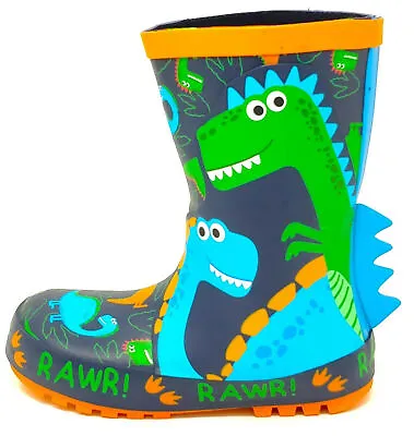 Boys Girls Dinosaur 3d Rubber Wellies Navy Rain Wellington Boots Uk Size 5-10 • £15.99