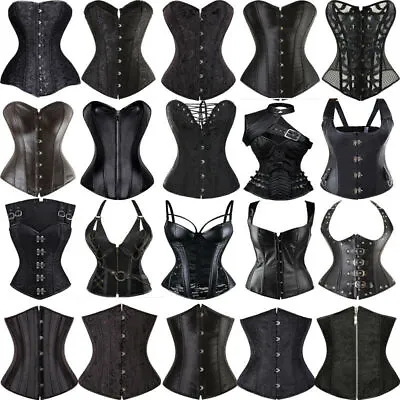 Women Black Overbust Boned Corset Ladies Burlesque Basque Top Lace-Up Costume UK • £26.99