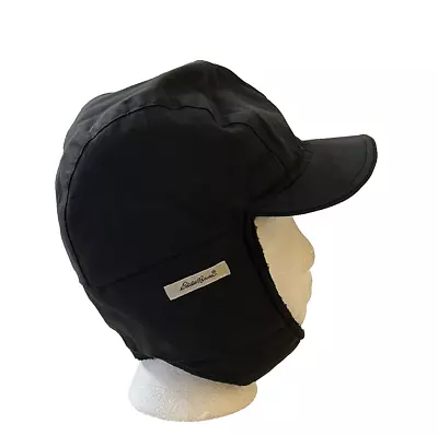 Eddie Bauer Black Trapper Nylon Shell Fleece Lined Hat Women Men Small Medium • $9.99