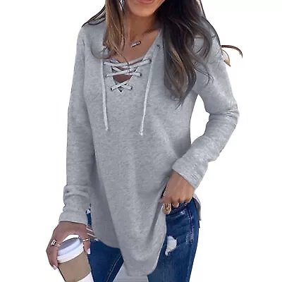 Office Long Sleeves V Neck Casual Travel Collar Strap Autumn Winter Women Blouse • $19.81