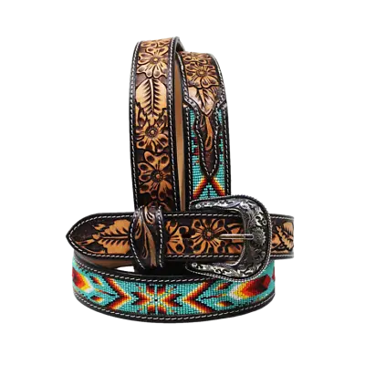 Challenger Men's Western Floral Tooled Turquoise Aztec Beaded Leather Belt 26RT • $64.95