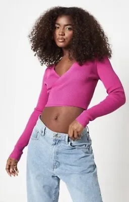 Missguided Pink Rib Wrap Front Knit Crop Top Size 12 BNWT • £1.99