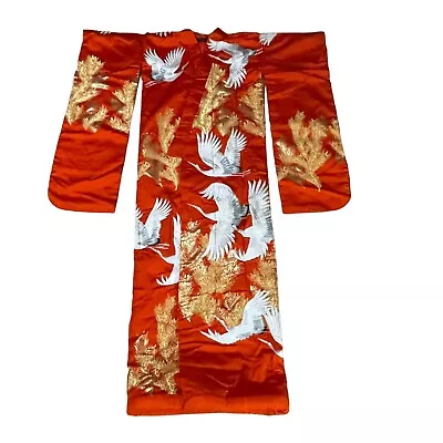 Vintage Japanese Silk Embroidered Wedding Kimono Crane Uchikake Orange/gold • $2998.96