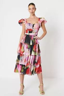 Floral Stripe Organza Layered Ruffle Dress • £87.20