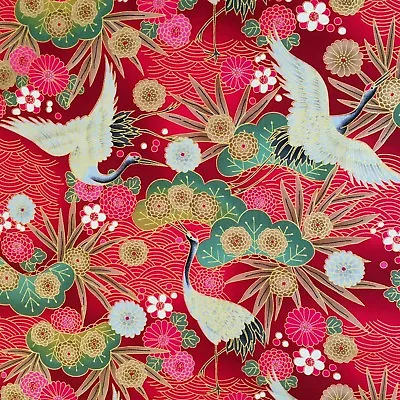 £6.50 • Buy Japanese Cranes Fabric, Metallic Red, Birds, Gold Floral Oriental Cotton 