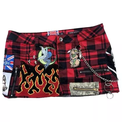 Red Plaid DIY Upcycled Custom Punk Patches Mall Goth Micro Mini Skirt Sz 6 • $50