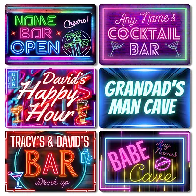Personalised Neon Bar Signs Cocktail Pub Metal Plaques Home Decor House Wall Art • £5.99