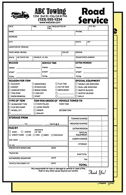 Towing  Invoices - Receipts - Custom Printed - 2 Part NCR Road Service Form • $49
