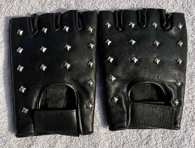 Genuine-Leather-Black-Leather-Fingerless-Mens-Studded-Gloves New W Tags XXL • $9.99