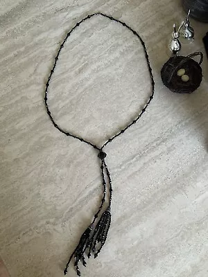 Art Deco Long Necklace Jet Black Glass And Crystal • $19.50