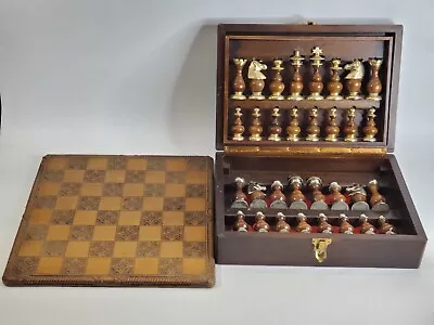 Vintage Brass And Wood Chess Set Wooden Board And Box. • $250