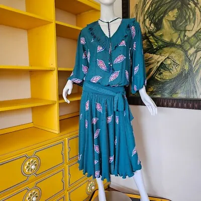 Vintage 80s Diane Freis Georgette Graphic Pleat Glam Hippie Boho Ruffle Dress OS • $245