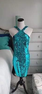 NWT Aidan Mattox Teal Sequins Halter Cocktail Dress Size 8  • $54.99