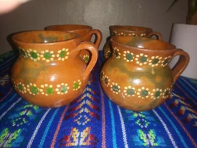 Made In Mexico Set  Of 4 Floral Hand Painted Clay Pottery 4  Tall Coffee Mugs • $14.99