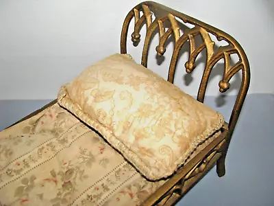 Antique Doll Bed Cast Iron Gold Gilt Pillow/cover Charming All Original • $195