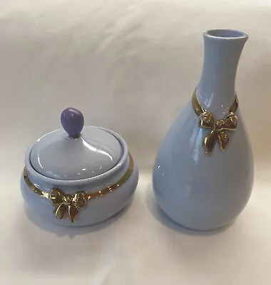 VTG MATSON Lavender Porcelain Set Vanity Vase & Lidded Jar Trinket Box Gold Bow • $58