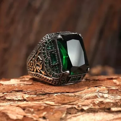 Turkish Handmade Jewelry 925K Sterling Silver Green Emerald Stone Men's Ring . • $163.87