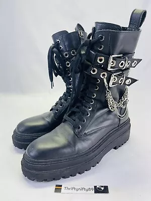 ZARA Black Leather Chunky Sole Buckle Chain COMBAT BOOTS Women 38/7.5 Emo/Punk • $25