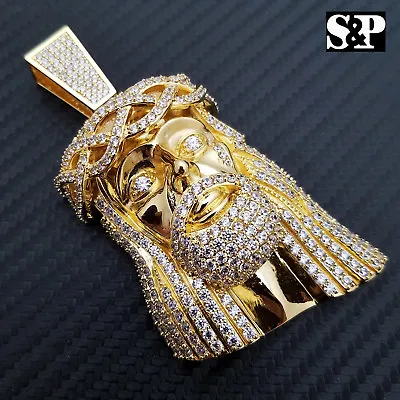Hip Hop Iced 14k Gold Plated Bling Brass Micro Pave Large Jesus Head Pendant • $39.99