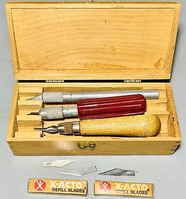 Vtg  X-ACTO Tool Wood Box Chest Kit Workshop Knife Set 3 Tool Extra Blades USA • $20.69