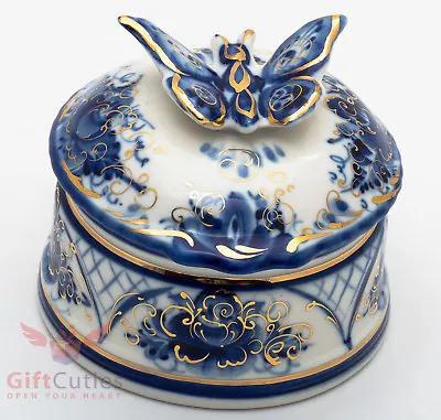 Beautiful Gzhel Porcelain  Butterfly  Trinket Box Hand-painted In Blue And Gold  • $34