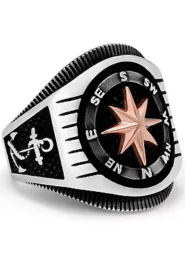 Men's Nautical Compass Sailing Ring 925 Sterling Silver Black Helm Anchor 23MM • $42.99