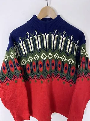 Vintage Nesjar Norway Men S Heavy Knit Wool Sweater Colorful Nordic Ski Lodge • $79