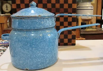 Vintage Blue & White Speckled Graniteware Enamelware Double Boiler 3 Pcs • $19