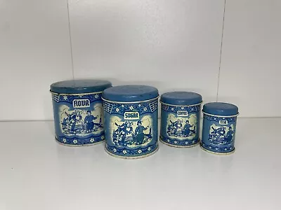 Set 4 Rare Vtg Wolverine Blue White Dutch Tin Toy Kitchen Canisters Delft 3  • $54.99