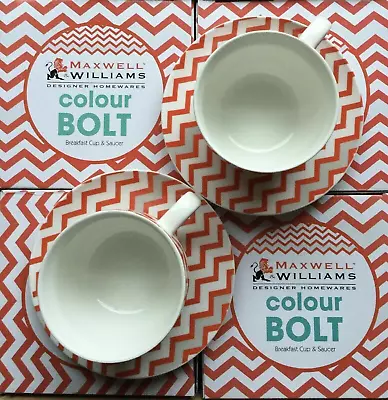 Set Of 4 - MAXWELL & WILLIAMS Coral  Colour Bolt Breakfast Cups And Saucers • £18.50
