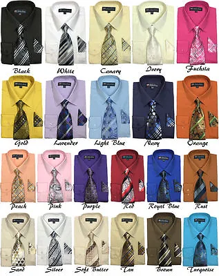 Men's Cotton Blend Dress Shirt With Tie And Handkerchief 22 Different Colors 21B • $18.99